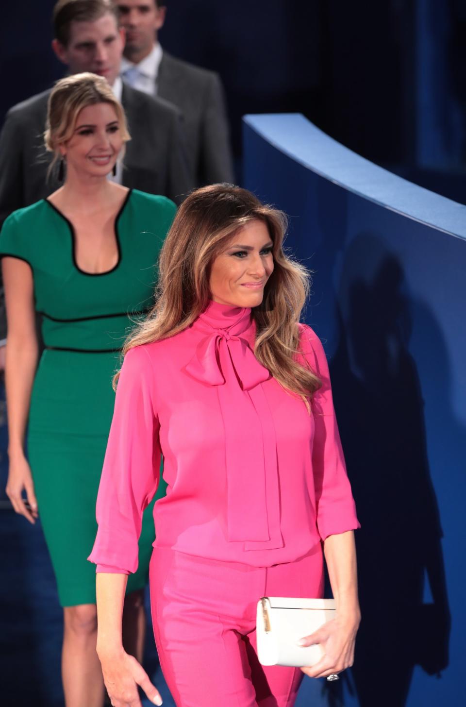 <p>Proving that she's not afraid of a splash of colour, Melania opted for a crowd-pleasing hot pink shirt and trousers. <i>[Photo: Getty]</i> </p>