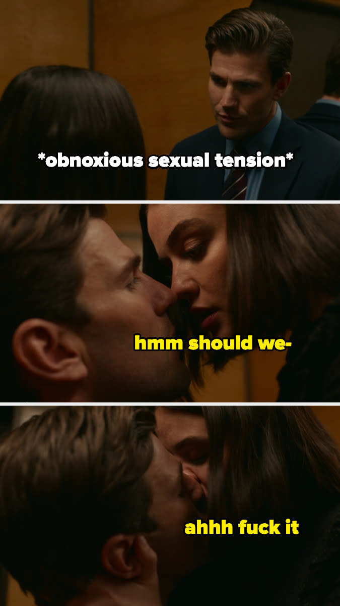 meme of them contemplating making out in elevator with the captions "obnoxious sexual tension," "hmm should we," and "fuck it"