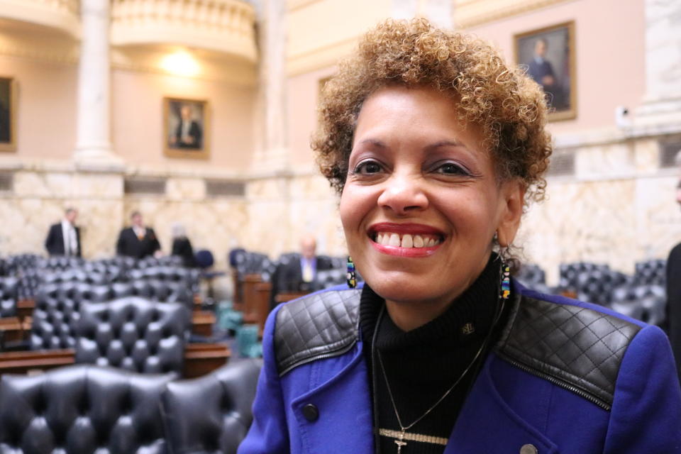 In this Jan. 23, 2020 photo, Terri Hill, a Maryland state legislator who represents a district in the suburbs of Baltimore, poses in the Maryland House of Delegates in Annapolis, Md. Hill is running in a crowded special Democratic primary for a vacant congressional seat that was held by the late Elijah Cummings. (AP Photo/ Brian Witte)