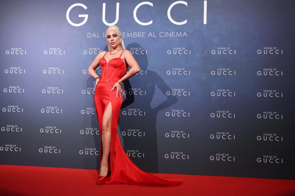 Lady Gaga at the Milan premiere of ‘House of Gucci’ wearing Versace (Getty Images)
