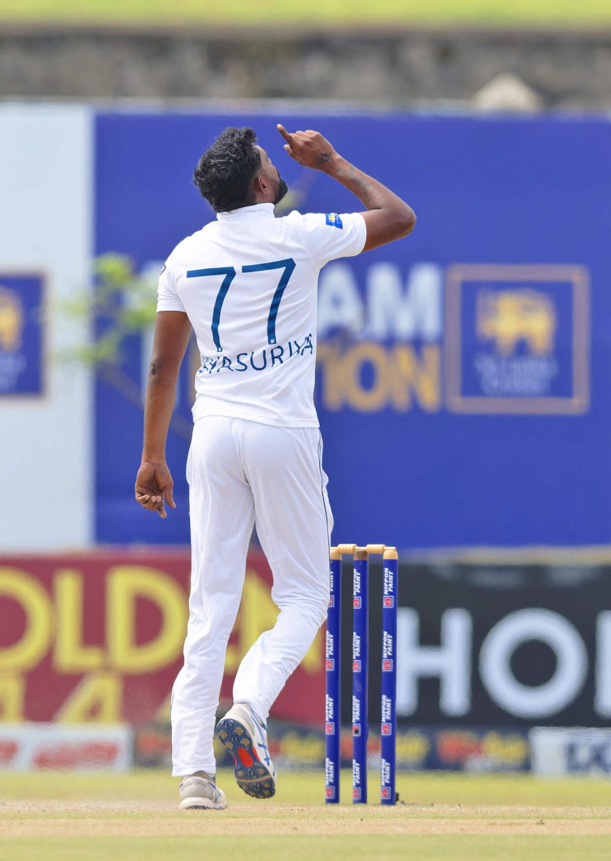 Sri Lanka's Prabath Jayasuriya celebrates the wicket of New Zealand's William O'Rourke, his fifth in the second innings, after Sri Lanka won the first cricket test match against New Zealand in Galle, Sri Lanka, Monday, Sept. 23, 2024. (AP Photo/Viraj Kothalawala)