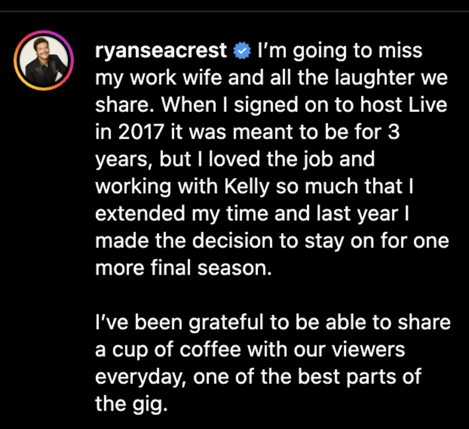 Ryan Seacrest discusses his decision to quit ‘Live with Kelly and Ryan’ on Instagram (Instagram)