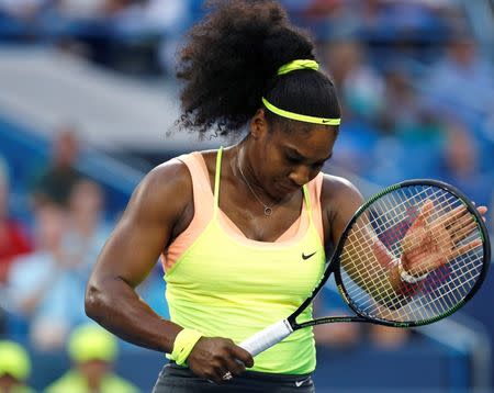 Aug 22, 2015; Cincinnati, OH, USA; Serena Williams (USA) reacts against Elina Svitolina (not pictured) in the semifinals during the Western and Southern Open tennis tournament at the Linder Family Tennis Center. Mandatory Credit: Aaron Doster-USA TODAY Sports