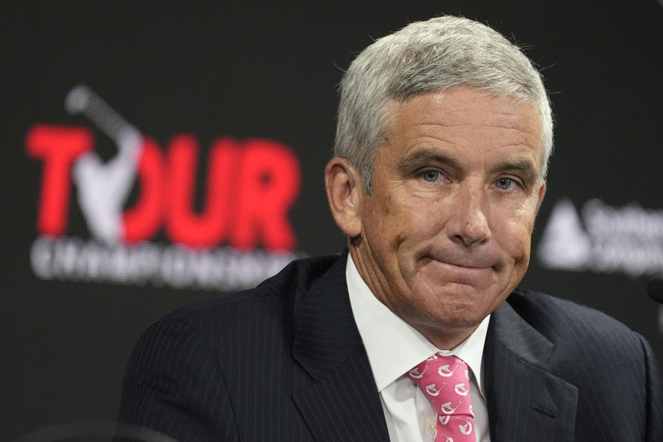 PGA Tour Commissioner Jay Monahan listens to a question during a press conference at East Lake Golf Club prior to the start of the Tour Championship golf tournament Wednesday Aug 24, 2022, in Atlanta, Ga. (AP Photo/Steve Helber)