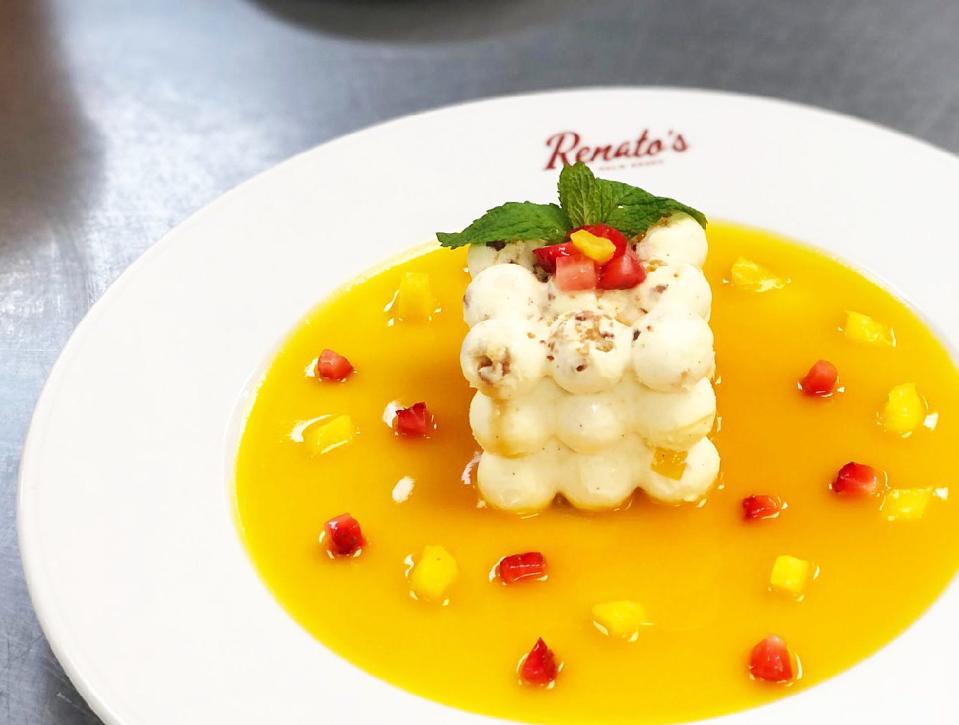 Vanilla Bavarian cream dessert at Renato's with fresh mango, pistachio and white chocolate.