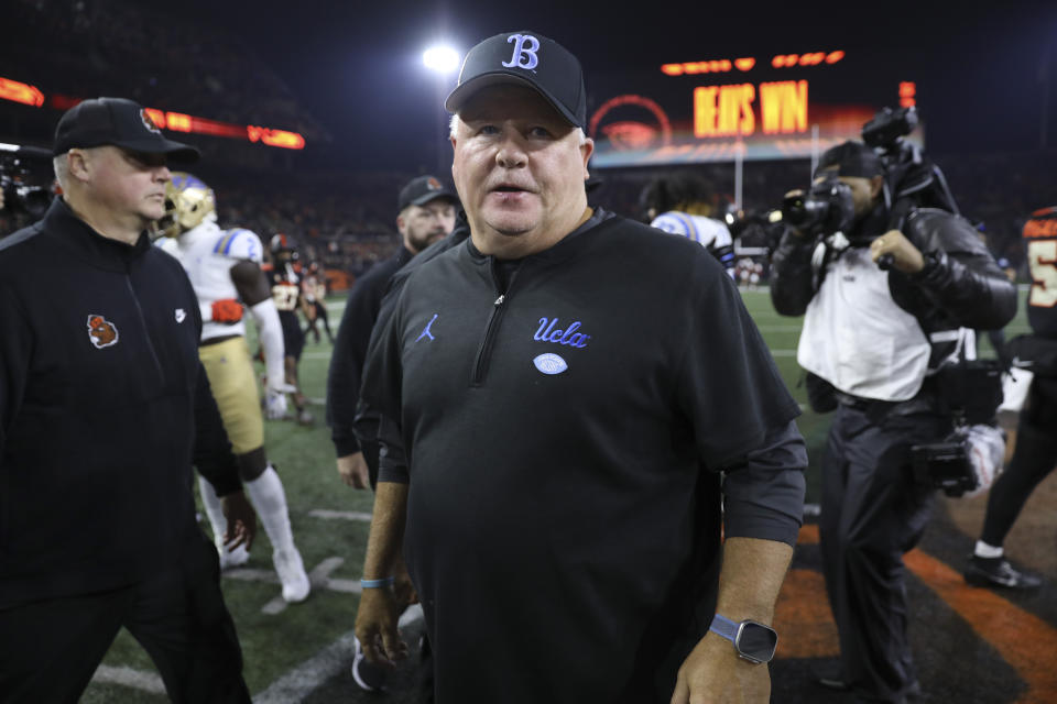 UCLA coach Chip Kelly walks off the field following the team's NCAA college football game against Oregon State Saturday, Oct. 14, 2023, in Corvallis, Ore. (AP Photo/Amanda Loman)