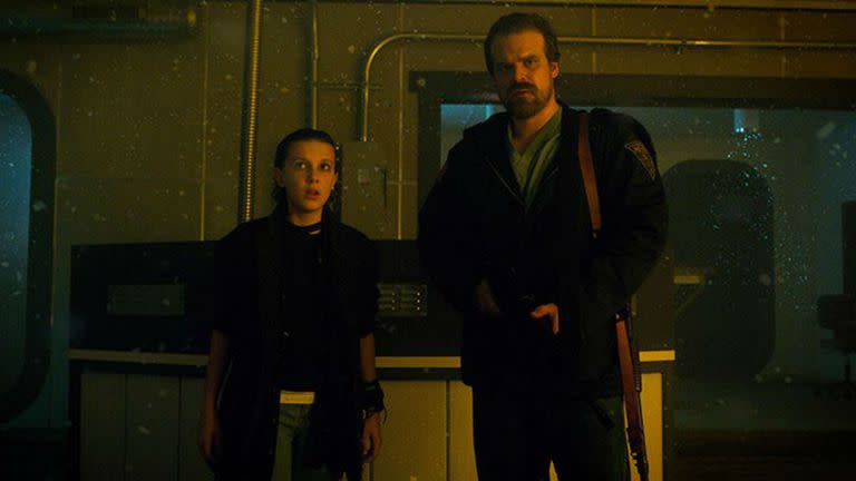 Millie Bobby Brown y David Harbour en Stranger Things