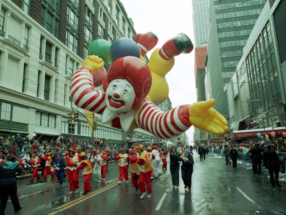 A Ronald McDonald balloon in the Macy's thanksgiving day parade in 1989