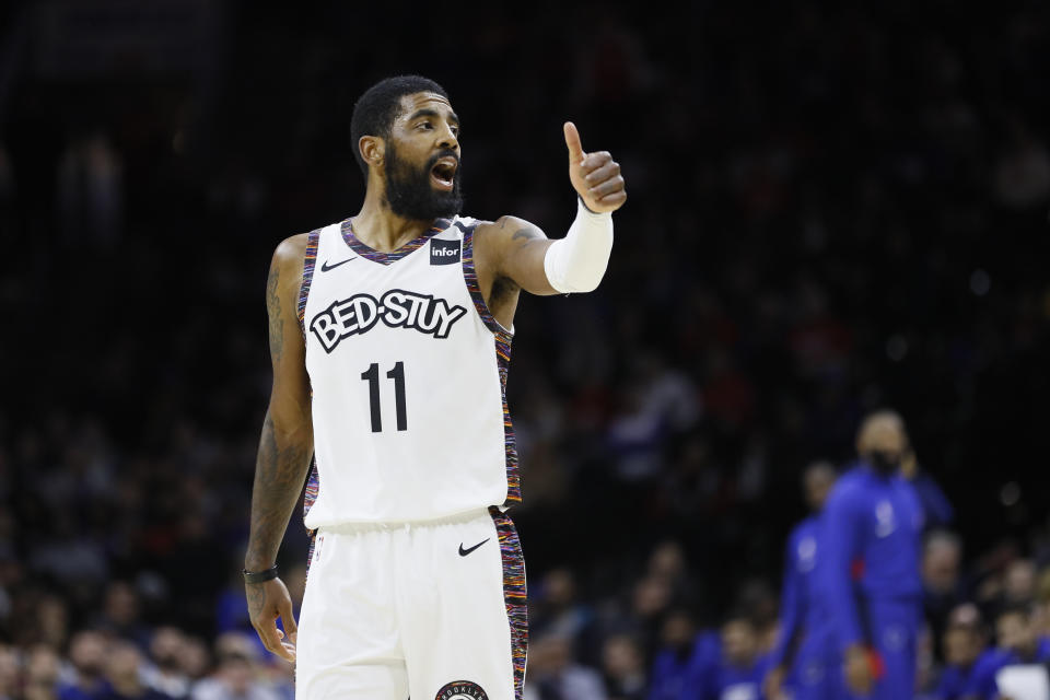 Days after saying the Nets have “glaring” needs to fill, Kyrie Irving defended his comments and his leadership style in Brooklyn. (AP/Matt Slocum)