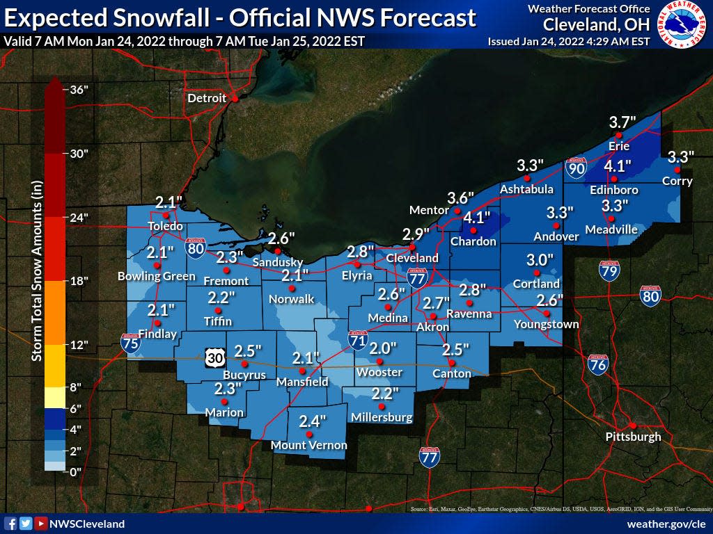 Snow prediction map for Monday's anticipated round of wintry weather.