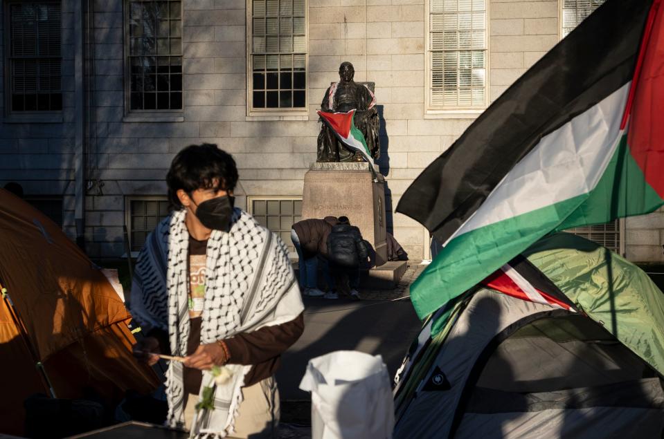 A student protester stands in front of the statue of John Harvard, the first major benefactor of Harvard College, draped in the Palestinian flag, at an encampment of students protesting against the war in Gaza, at Harvard University in Cambridge, Mass., on Thursday, April 25, 2024. (AP Photo/Ben Curtis)