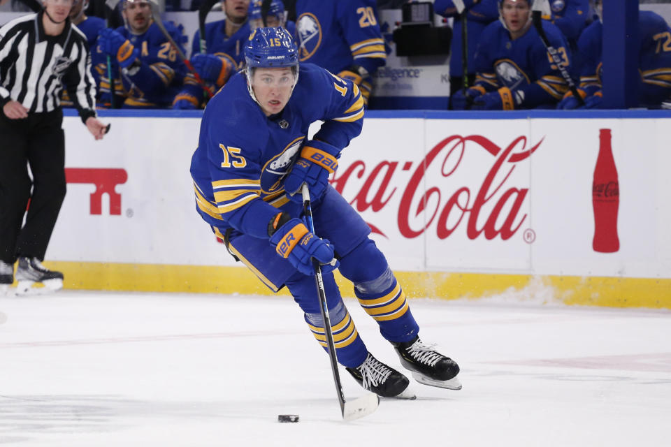 Buffalo Sabres left wing John Hayden (15) controls the puck during the first period of an NHL hockey game against the Detroit Red Wings, Saturday, Nov. 6, 2021, in Buffalo, N.Y. (AP Photo/Jeffrey T. Barnes)