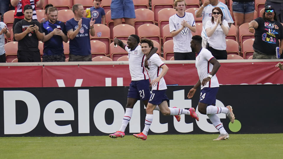 United State forward Brenden Aaronson (11) celebrates his first half goal against Costa Rica during an international friendly soccer match Wednesday, June 9, 2021, in Sandy, Utah. (AP Photo/Rick Bowmer)