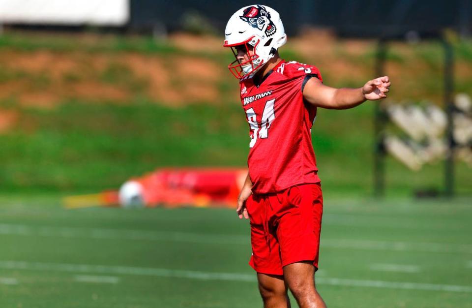 N.C. State’s Kanoah Vinesett (94) prepares to kick during the Wolfpack’s first practice in Raleigh, N.C., Wednesday, July 31, 2024.