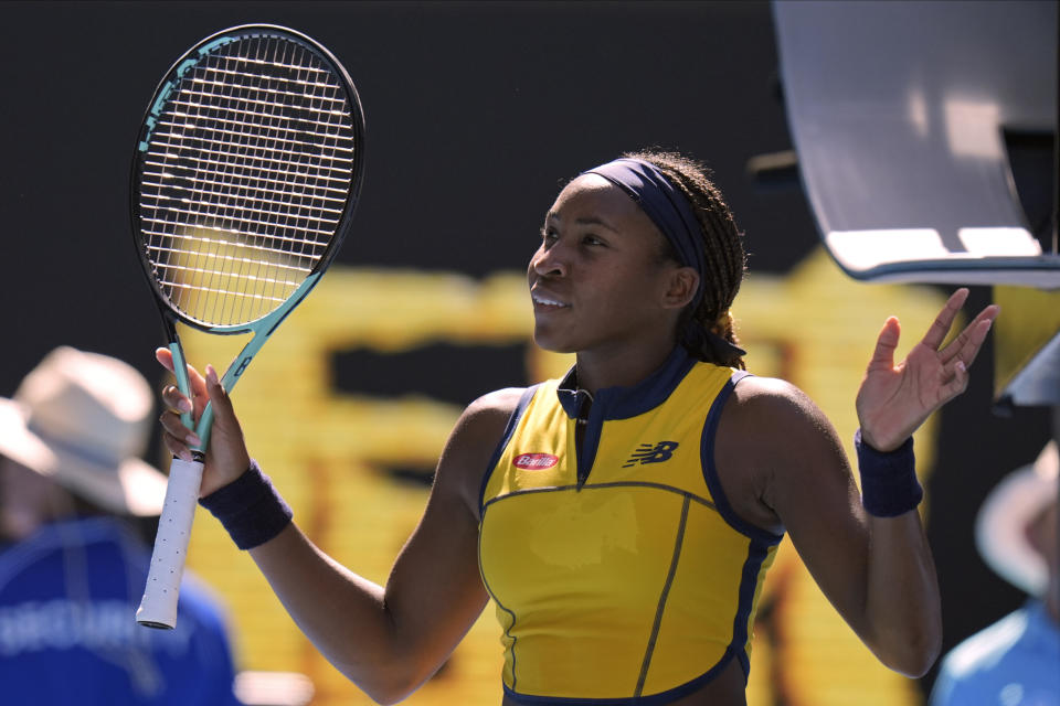 Coco Gauff of the U.S. celebrates after defeating Marta Kostyuk of Ukraine in their quarterfinal match at the Australian Open tennis championships at Melbourne Park, Melbourne, Australia, Tuesday, Jan. 23, 2024. (AP Photo/Andy Wong)