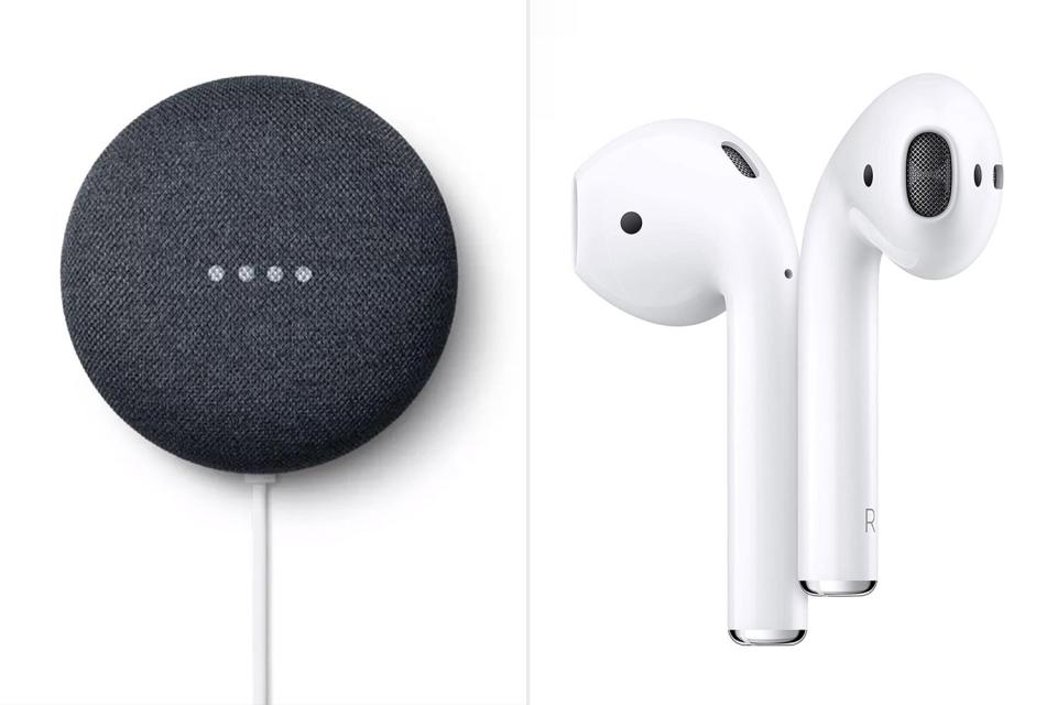 Google Nest Mini. https://www.target.com/p/google-nest-mini-2nd-generation/-/A-78589456. Credit: Target; Apple AirPods (2nd Generation) Wireless Earbuds with Lightning Charging Case Included. Over 24 Hours of Battery Life, Effortless Setup. Bluetooth Headphones for iPhone . https://www.amazon.com/Apple-AirPods-Charging-Latest-Model/dp/B07PXGQC1Q. Credit: Amazon