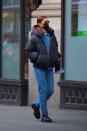 <p>The supermodel wore a MOSCHINO X PALACE puffer jacket with matching Moschino denim and chunky lace-ups for the school run in New York. </p>