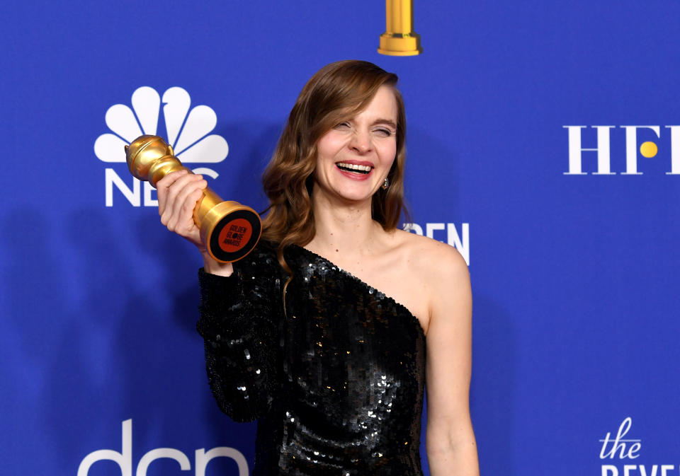 BEVERLY HILLS, CALIFORNIA - JANUARY 05: Hildur Guðnadóttir poses with award for Best Original Score - Motion Picture in the press room during the 77th Annual Golden Globe Awards at The Beverly Hilton Hotel on January 05, 2020 in Beverly Hills, California. (Photo by Kevin Winter/Getty Images)