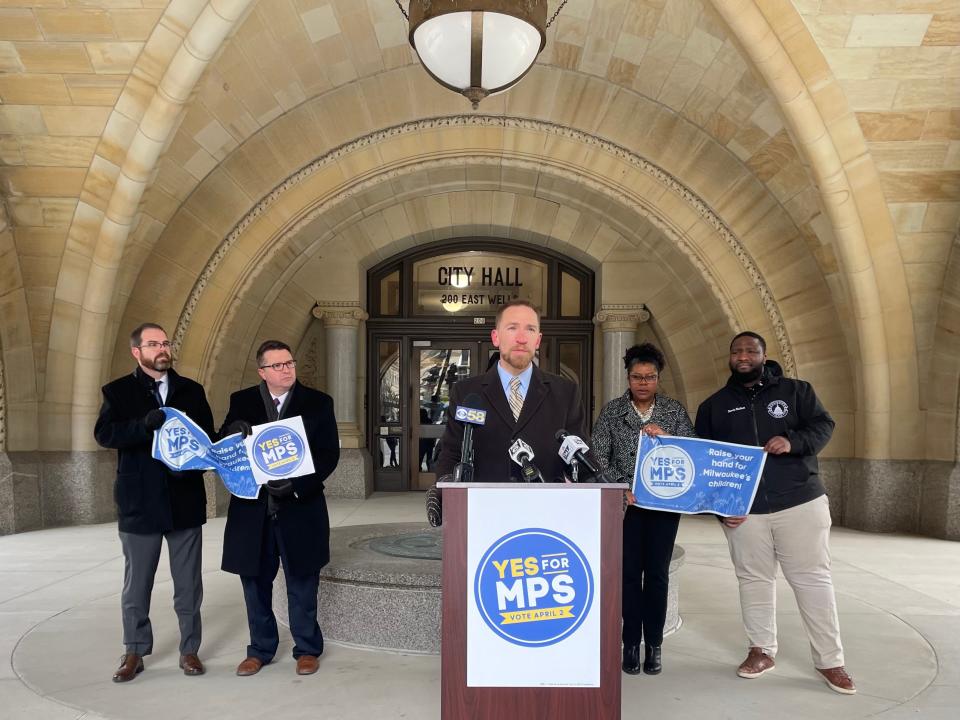 Sen. Chris Larson shows support for a referendum that would increase funding for Milwaukee Public Schools at a press conference organized by the Vote Yes for MPS campaign March 19 at City Hall.