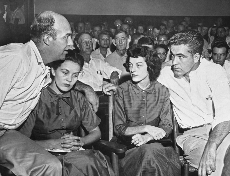 (From left) J.W. Milam; his wife, Juanita Milam; Carolyn Bryant; and Roy Bryant during the men&rsquo;s murder trial in 1955. They were acquitted by an all-white jury. (Photo: Bettmann / Getty Images)