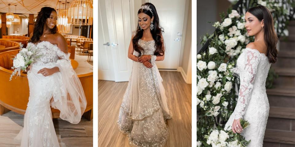 Three pictures of the brides in their dresses