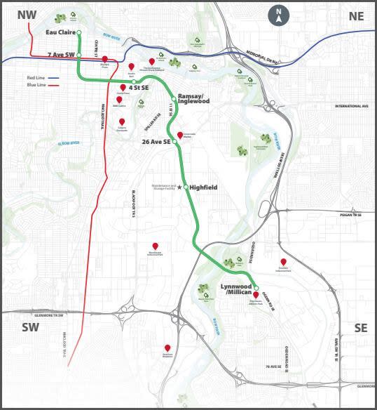 A map shows the adapted Phase 1 of the Green Line LRT.