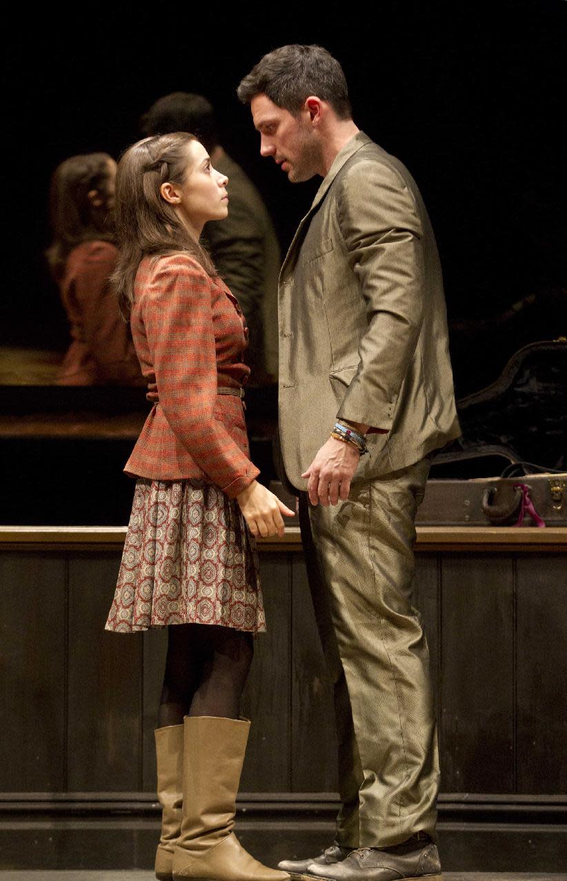 In this theater publicity image released by Boneau/Bryan-Brown, Steve Kazee, right, and Cristin Milioti are shown in a scene from "Once," in New York. (AP Photo/Boneau/Bryan-Brown, Joan Marcus)