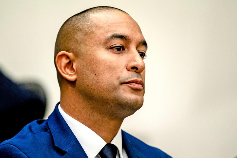 Former Los Angeles Police Department officer Salvador Sanchez on the first day of his trial on voluntary manslaughter and assault charges Wednesday at the Larson Justice Center in Indio.