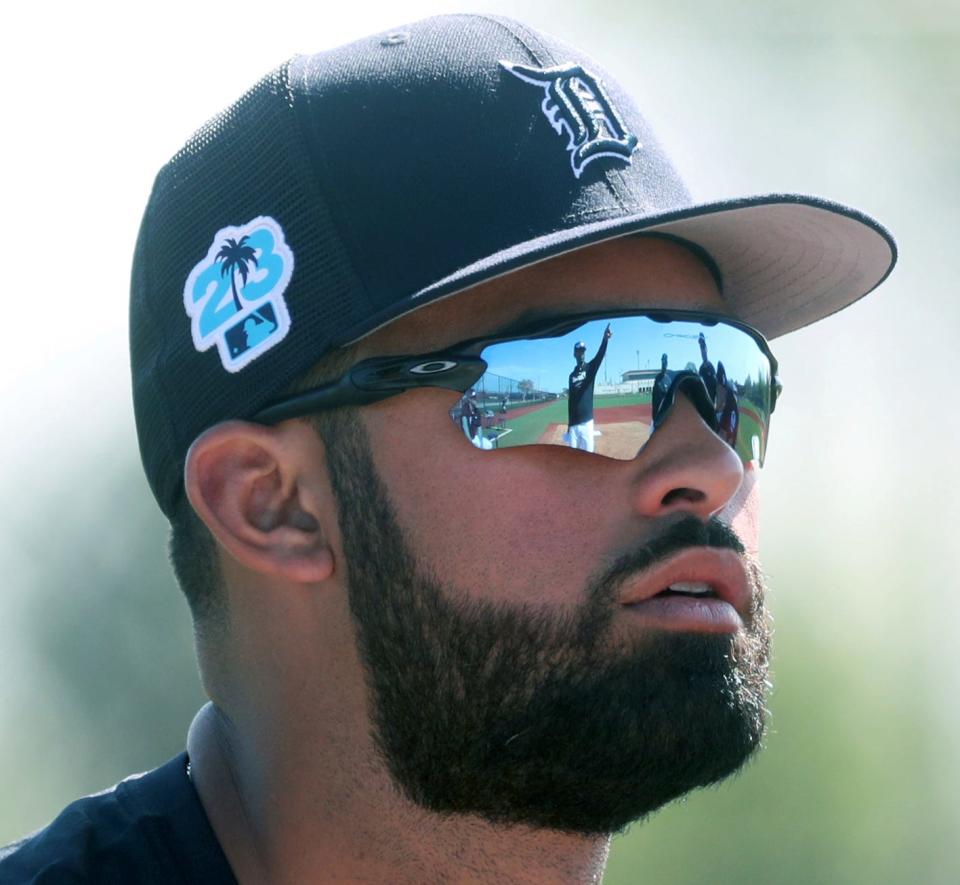 Detroit Tigers outfielder Riley Greene listens to the coaches during the first full squad workout of spring training Monday, Feb. 20, 2023 in Lakeland, Florida.