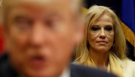 White House advisor Kellyanne Conway listens as U.S. President Donald Trump meets with county sheriffs at the White House in Washington, U.S. February 7, 2017. REUTERS/Kevin Lamarque