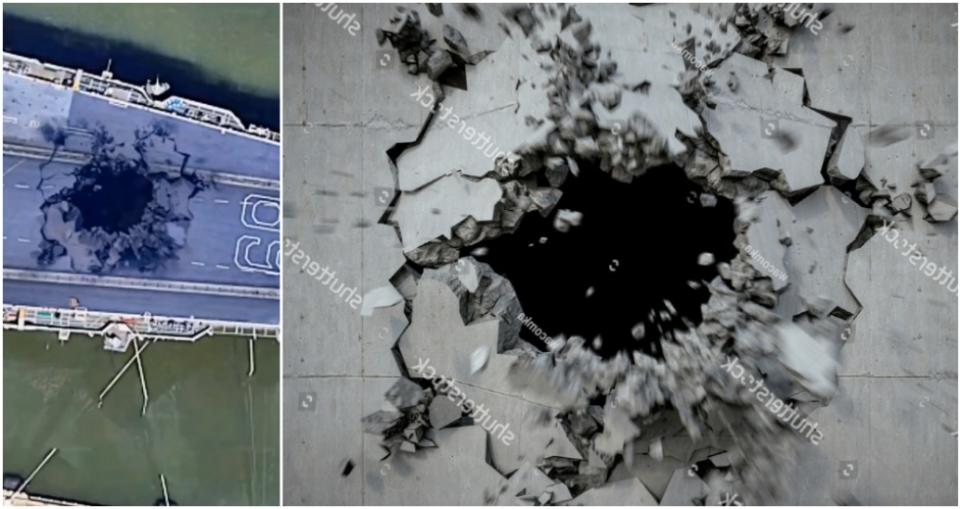 <span>Screenshot comparison between the purported hole in the ship (left) and the stock photo rotated horizontally (right)</span>