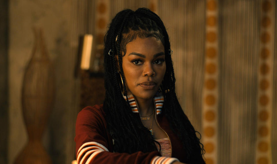 This image released by 20th Century Studios shows Teyana Taylor in a scene from "White Men Can't Jump." (20th Century Studios via AP)