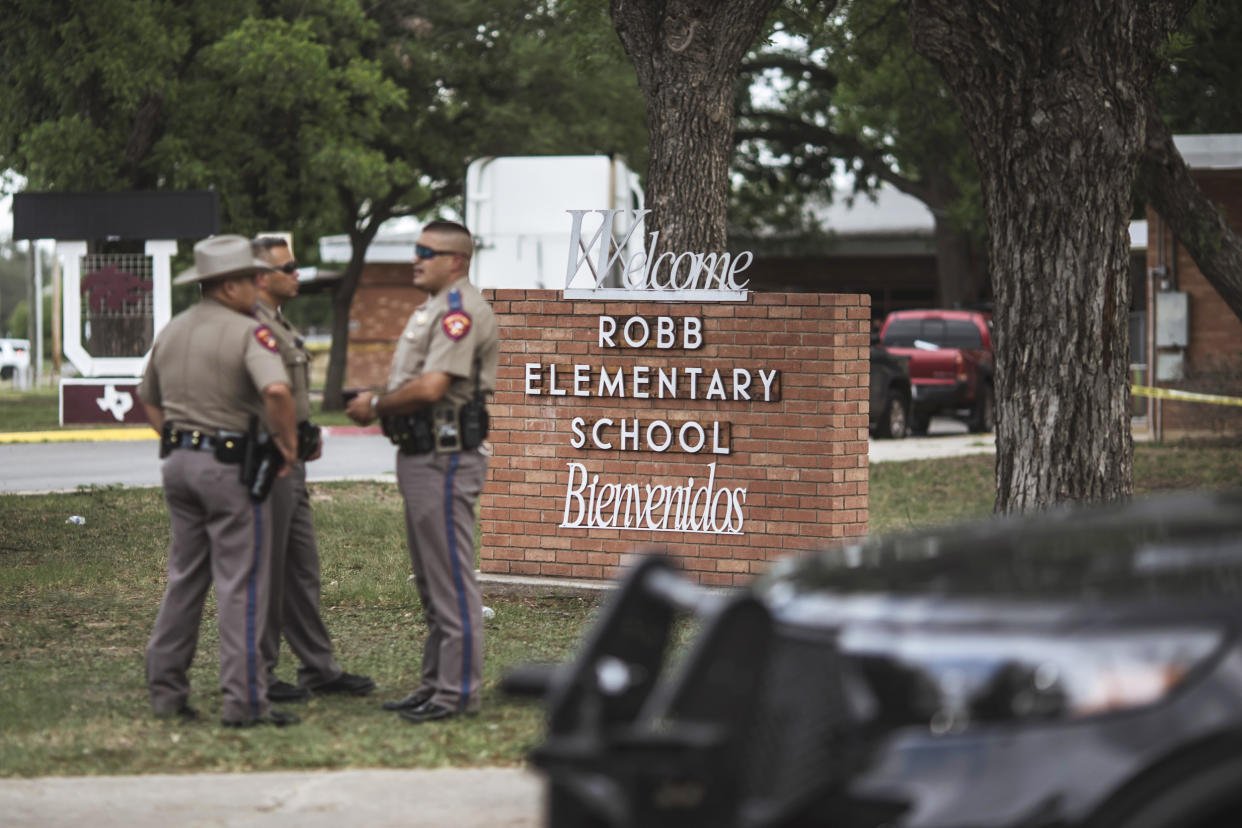 Texas state troopers outside Robb Elementary School in Uvalde, Texas, on May 24, 2022. (Eric Thayer / Bloomberg via Getty Images)