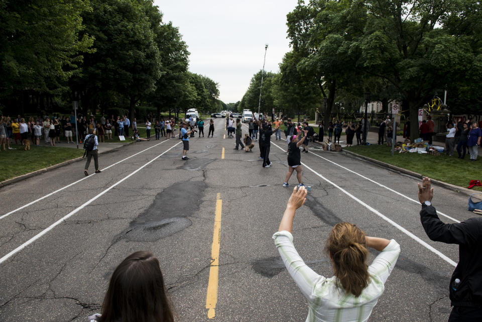 Activists and community members protest the killing of Philando Castile outside the Governor's Mansion on July 7, 2016 in St. Paul, Minnesota. Castile was shot and killed last night, July 6, 2016, by a police officer in Falcon Heights, MN.&amp;nbsp;