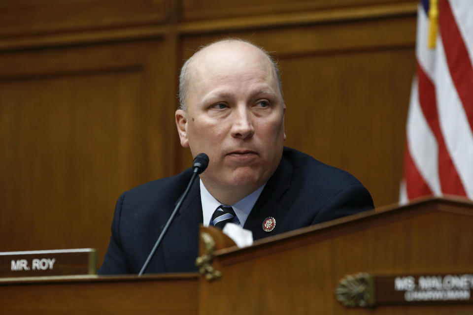 FILE - In this March 11, 2020 file photo, Rep. Chip Roy, R-Texas, speaks during a hearing on Capitol Hill in Washington. Roy became the most prominent member his party to call for the resignation of the state's Republican attorney general, following revelations that Ken Paxton's top deputies reported him to law enforcement for alleged crimes including bribery and abuse of office. Roy, who was previously Paxton's top deputy in the attorney general's office, said in statement Monday, Oct. 5 that his former boss must step down "for the good of the people of Texas." (AP Photo/Patrick Semansky File)