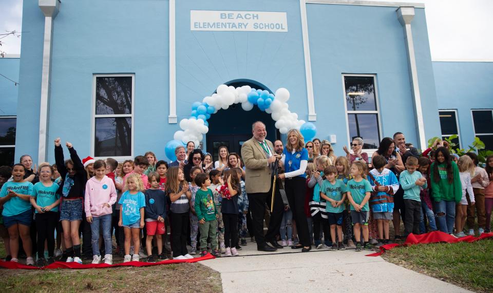 Fort Myers Beach Elementary School reopened  to fanfare and ribbon cutting ceremony on Tuesday, Dec. 5, 2023. The school sustained significant damage in Hurricane Ian last year. The historic part of the school was renovated. Adjoining buildings and classrooms were demoed. The school houses kindergarten through fifth grade.