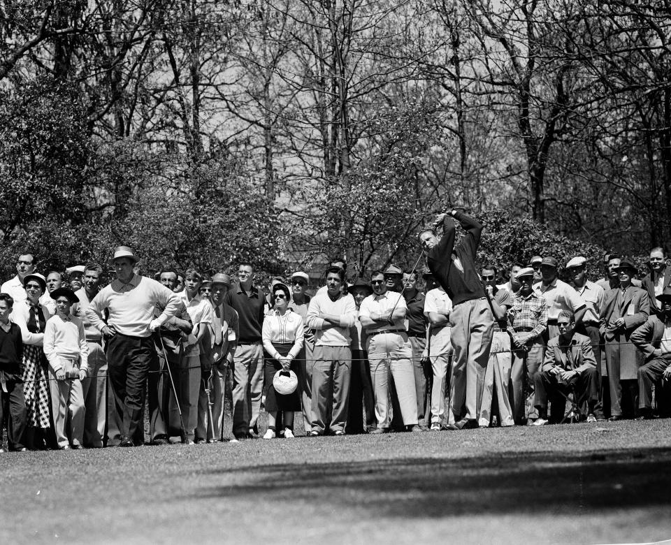 Golfer Charlie Coe drives from second tee at Augusta, Ga., during the Masters Tournament, April 9, 1955.