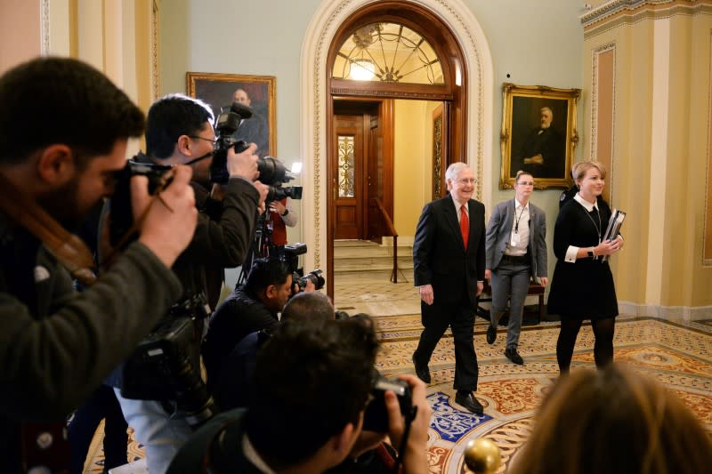 U.S. Senate Majority Leader Mitch McConnell (R-KY) leaves Senate Chambers for a brief recess during the Senate impeachment trial of U.S. President Trump in Washington