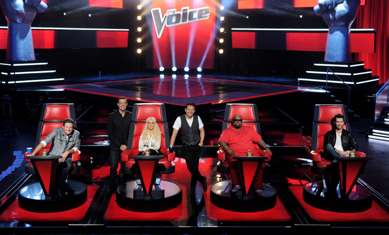From left: Blake Shelton, Carson Daly, Christina Aguilera, executive producer Mark Burnett, CeeLo Green and Adam Levine, seen on the set of The Voice.