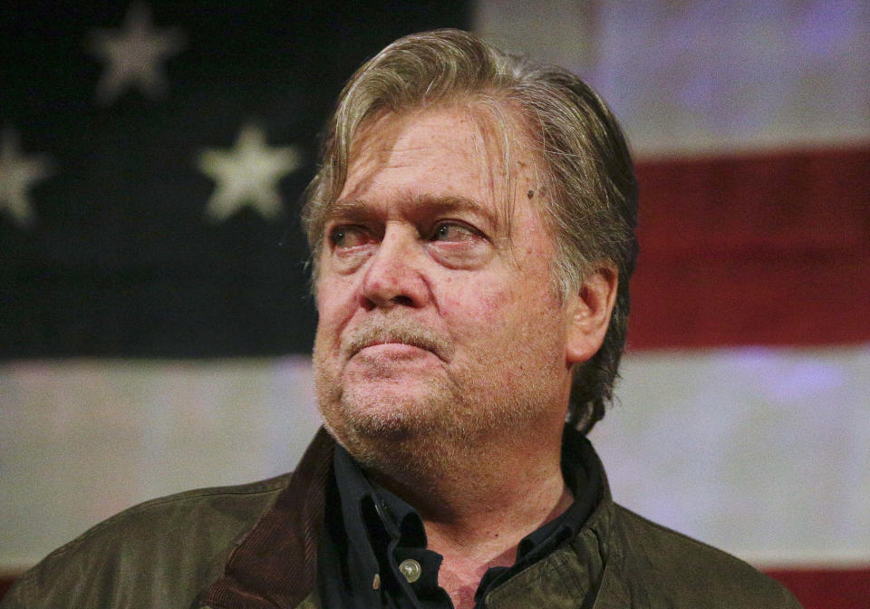 In this Sept. 25, 2017 photo, former presidential strategist Steve Bannon speaks at a rally for U.S. Senate hopeful Roy Moore, in Fairhope, Ala. Bannon’s war on the Republican establishment is creating divisions among the GOP’s most powerful donors, even those most loyal to President Donald Trump.  (AP Photo/Brynn Anderson)