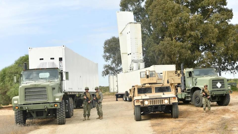 A U.S. Navy Mk 70-series launch road-mobile modular missile launch system seen during a demonstration in Europe in September 2022. <em>U.S. Navy</em> Navy containerized Mk 70 Mod 1 launchers, or another variant of that system, seen during a demonstration in Europe in 2022. <em>USN</em>