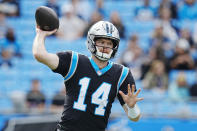 Carolina Panthers quarterback Sam Darnold passes during the first half of an NFL football game between the Carolina Panthers and the Denver Broncos on Sunday, Nov. 27, 2022, in Charlotte, N.C. (AP Photo/Rusty Jones)