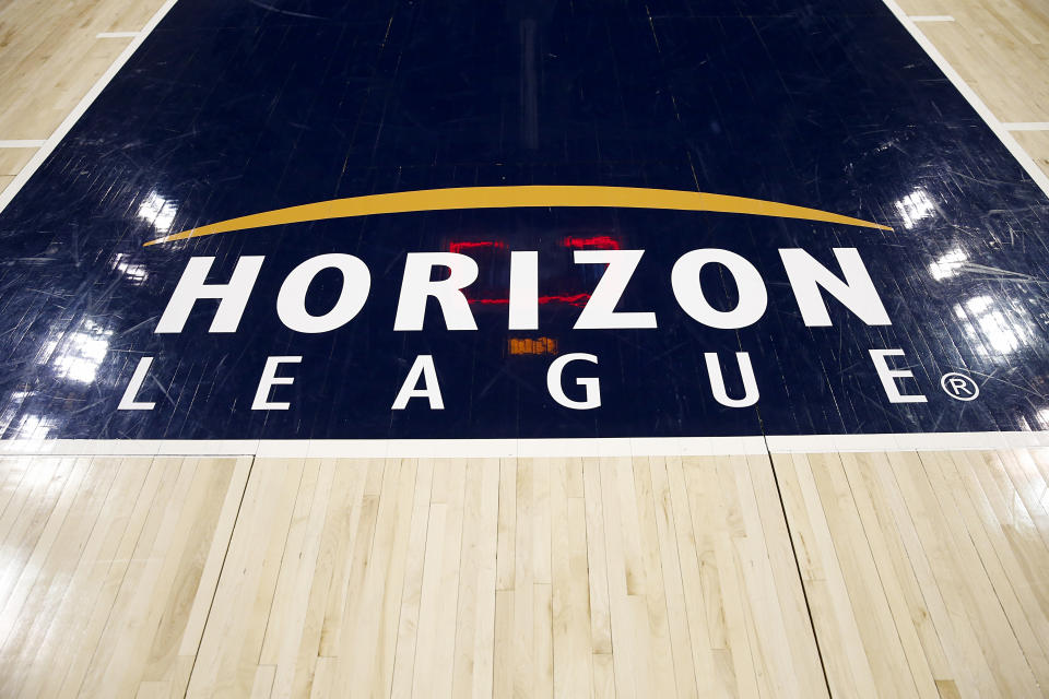 INDIANAPOLIS, INDIANA - MARCH 10: The Horizon League logo on the court for the Horizon League basketball championships at Indiana Farmers Coliseum on March 10, 2020 in Indianapolis, Indiana. (Photo by Justin Casterline/Getty Images)