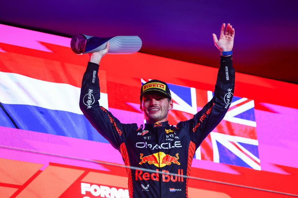 Race winner Max Verstappen of Oracle Red Bull Racing celebrates on the podium during the F1 Grand Prix of Qatar at Lusail International Circuit on Oct. 8, 2023 in Lusail City, Qatar.