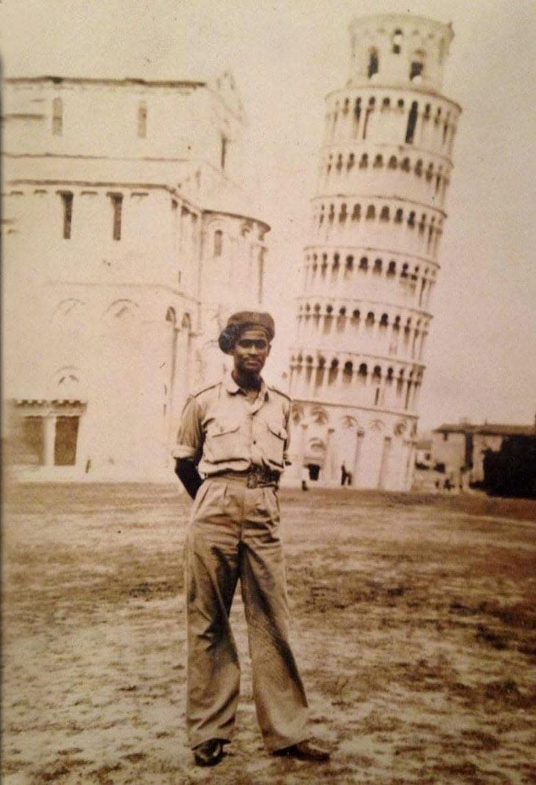 Lt. Col. Gopal Chakraborty at Italy's Leaning Tower of Pisa during World War II.