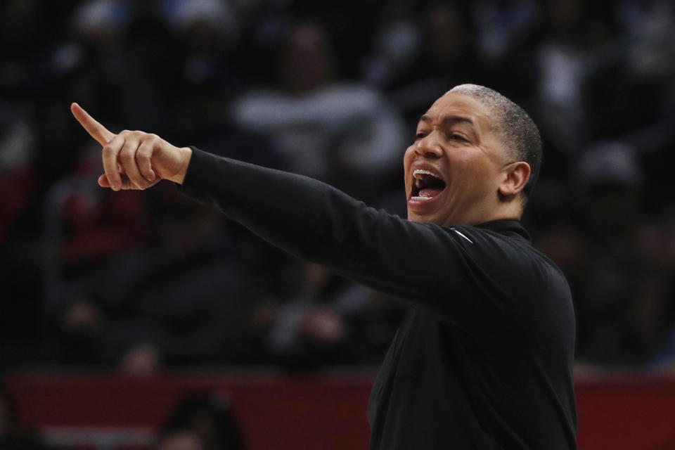 Los Angeles Clippers coach Tyronn Lue reacts during the first half of the team's NBA basketball game against the Utah Jazz, Friday, April 5, 2024, in Los Angeles. (AP Photo/Etienne Laurent)