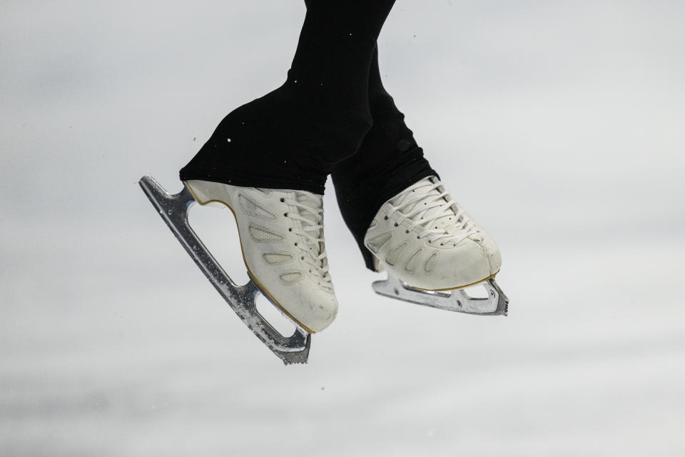 Kamila Valieva, of the Russian Olympic Committee, trains at the 2022 Winter Olympics, Monday, Feb. 14, 2022, in Beijing. (AP Photo/Bernat Armangue)