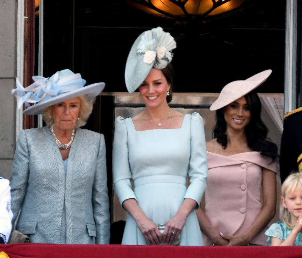<p>The matching duchesses also stood side by side on the balcony of Buckingham Palace where the family enjoyed an impressive military display in honour of the QUeen’s birthday. Photo: Getty </p>