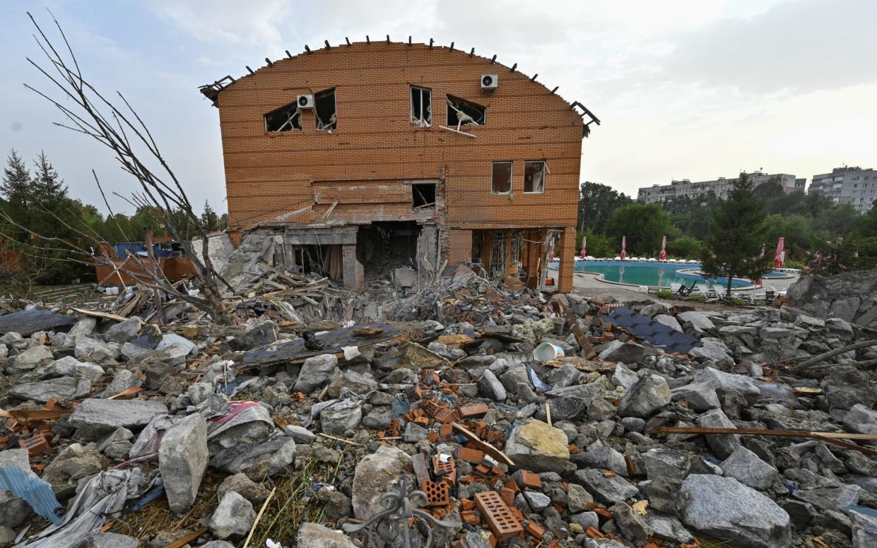 A general view shows a hotel building damaged by a Russian missile strike in Zaporizhzhia