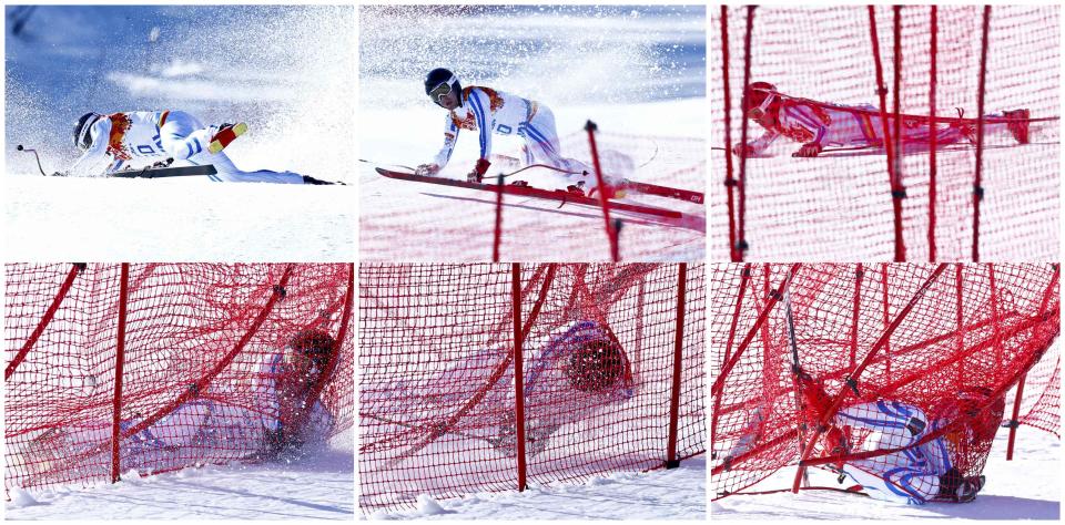 A combination picture shows Romania's Ioan Valeriu Achiriloaie crashing during the downhill run of the men's alpine skiing super combined event at the 2014 Sochi Winter Olympics at the Rosa Khutor Alpine Center February 14, 2014. REUTERS/Ruben Sprich (RUSSIA - Tags: SPORT SKIING OLYMPICS TPX IMAGES OF THE DAY)